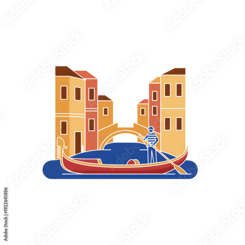 Gondola with gondolier navigating canal between colorful buildings  