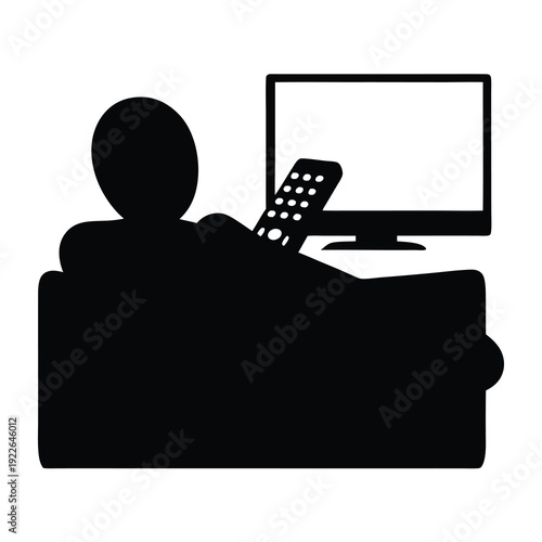 Person relaxing on the sofa watching television and holding remote control