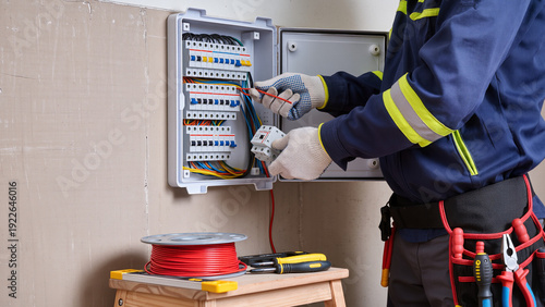 electrician at work, Using hand tools, Electrician works panel, Box on wall, Wearing safety gloves, Handling electrical parts, Gloves protect hands, Following safety rules, Installing new part, 