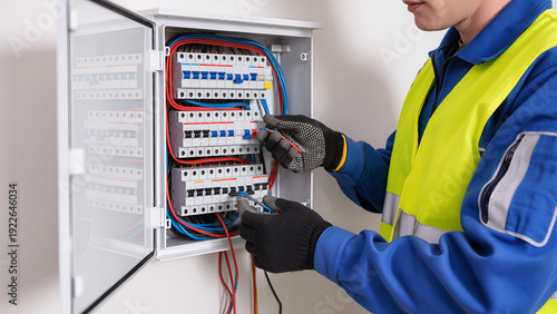 Foto electrician at work, Safety gloves, Electrician working, Professional installati