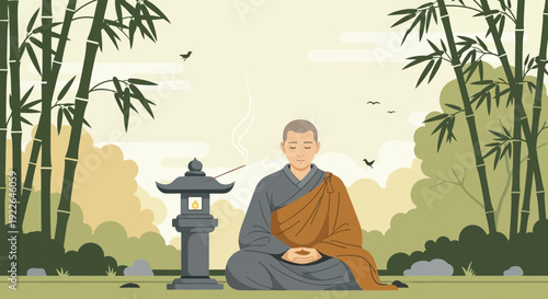 Monk Meditating in Serene Garden.