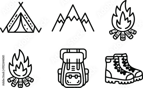 Camping icons set with campfire trees and travel symbols illustration