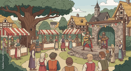 Medieval Market Scene with Performers and Villagers.