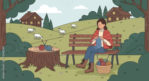 Woman knitting on a bench enjoying a peaceful outdoor hobby.