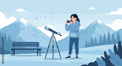 Woman observing nature with binoculars and telescope in a serene outdoor setting.