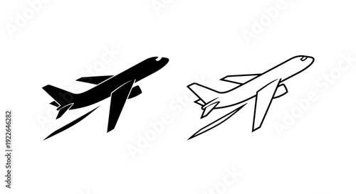 Two airplanes, one black and white, one color, simple, line drawing, minimalist, design Vector