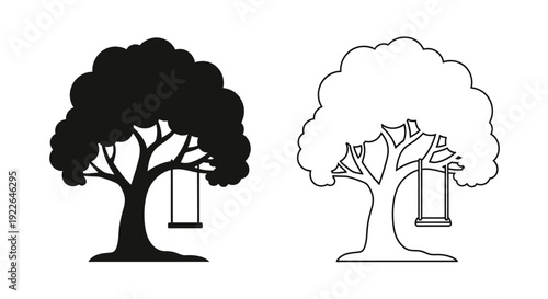 Two trees with swings, black and white line art, vector illustration, simple design, nature, Vector