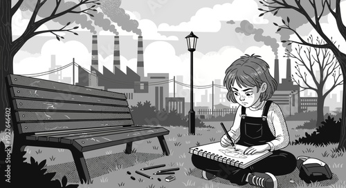 Young artist sketching outdoors with intense concentration.