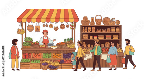 Traditional Market Stall with Fruit Vendor and Handmade Pottery Crafts Illustration