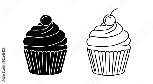 Delicious cupcakes with cherry topping, black and white line art illustration Vector