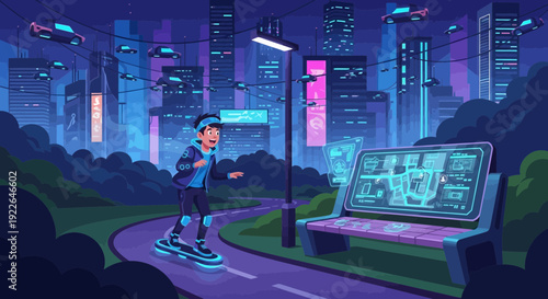 Young man on hoverboard in futuristic city park at night.