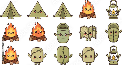 Cute Kawaii Camping Adventure Cartoon Collection with Tent, Campfire, Backpack, Sleeping Bag and Outdoor Equipment Isolated on White Background