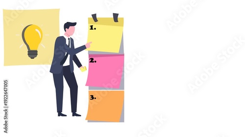 Animation 2D Set work priority, arrange to do list which job to do before and after, task management concept, young entrepreneur businessman manage to prioritize sticky note
