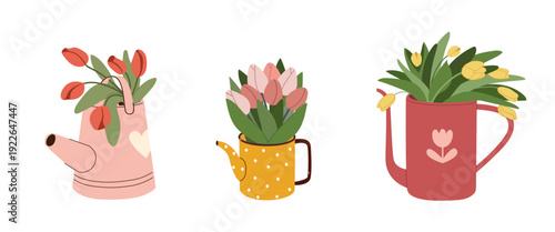 Set of stylized garden watering cans with colorful tulip bouquets, isolated on white. Modern illustration for spring greeting cards, florist decor, and botanical projects.