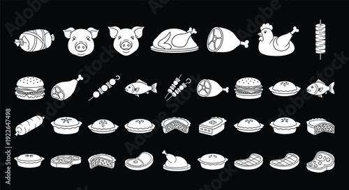 Hand drawn meat food icon collection butcher products and deli items vector illustration set