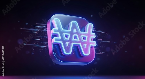 3D South Korean Won currency icon with futuristic neon glow effect on dark gradient background. Floating modern finance symbol for fintech apps, digital banking, and tech UI concepts.