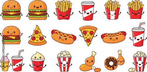 Cute Kawaii Fast Food Cartoon Mega Collection with Burgers, Fries, Pizza, Hot Dog, Donut and Soda Characters Isolated on White Background