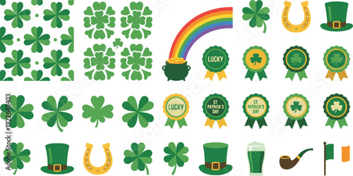 Comprehensive St. Patrick's Day vector icon set featuring shamrocks, leprechaun hats, and lucky symbols on a clean white background