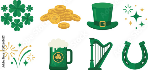St. Patrick's Day icons set with shamrocks, gold coins, leprechaun hat, beer, harp, and horseshoe on white background.