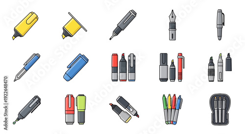 A collection of various writing and drawing instruments, including highlighters, markers, and fountain pens, presented as flat design icons.