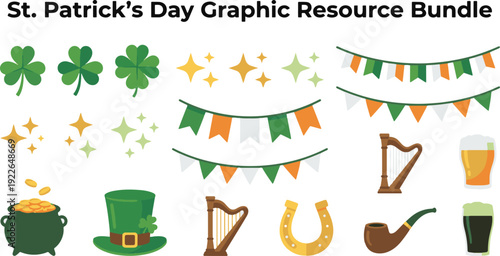 St. Patrick's Day Graphic Resource Bundle Featuring Shamrocks, Pot of Gold, Leprechaun Hat, and Festive Irish Decorations