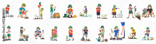 Children enjoying diverse gardening and planting activities, learning about nature and sustainability, nurturing growth and greenery with tools.