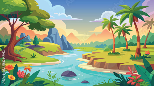 Tranquil tropical landscape with a serene river flowing through lush greenery