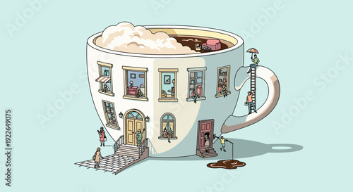 Surreal Conceptual Illustration of a Giant Coffee Cup Apartment Building with People and Windows