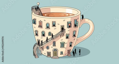 Surreal Conceptual Illustration of a Giant Coffee Cup Apartment Building with People and Windows