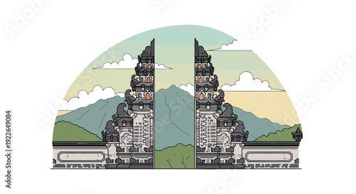 Hand Drawn Balinese Split Gateway Candi Bentar with Sacred Mountain Landscape and Sky Clouds