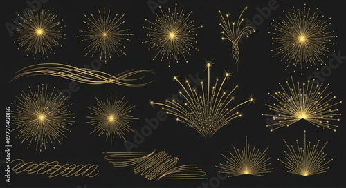 Collection of golden fireworks or sparkler rays and lines. Vector decorative elements.