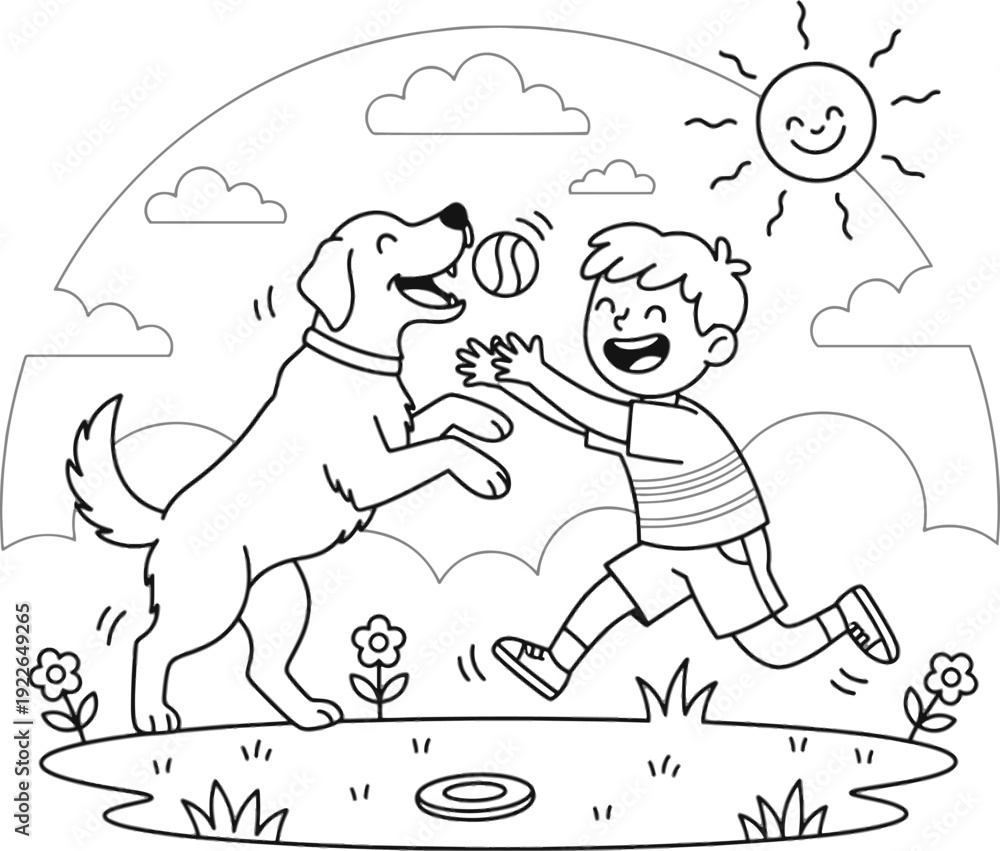 Naklejka premium Boy playing with dog