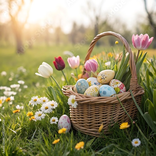 easter basket illustration with decorated eggs spring flowers grass and festive seasonal design