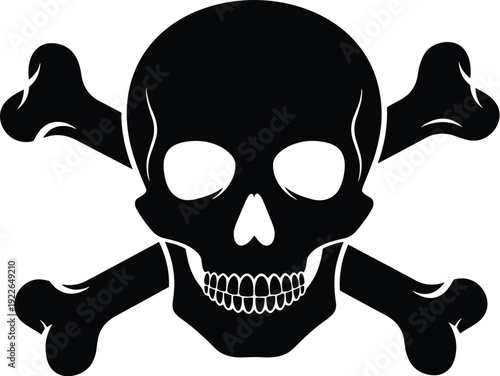 A black skull and crossbones design isolated on a white background, a classic symbol of danger, piracy, and mortality, rendered in a stark, highcontrast style