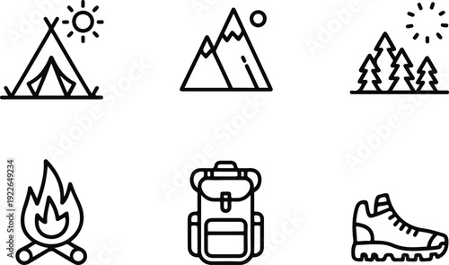 Collection of black vector camping and travel icons with trees sun and car symbols