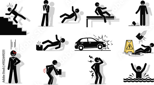 Accident and injury stick figure pictogram icons representing various incidents and accidents that can cause harm and injury isolated on white background