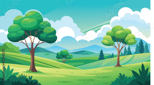 Tranquil meadow landscape with rolling hills and trees under clear sky