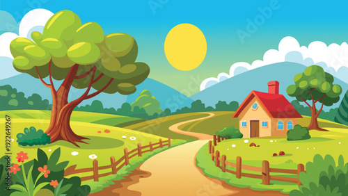 A cheerful countryside scene featuring a quaint house and a sunny day