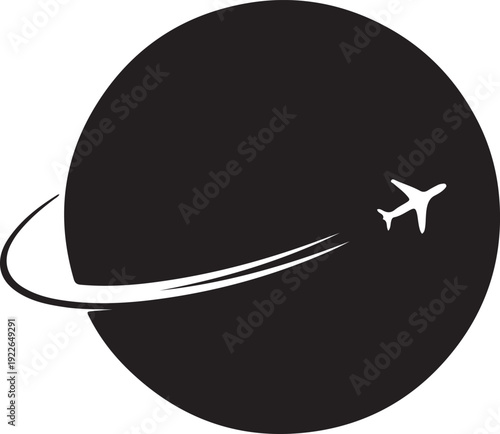 Airplane flying around a black circle isolated on transparent background