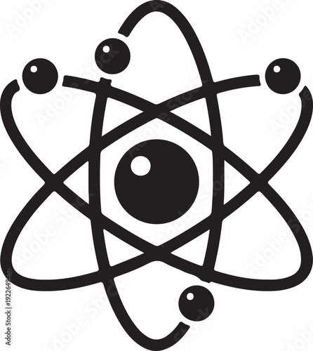 Black and white illustration of an atom isolated on transparent background