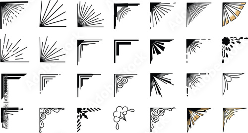 A collection of decorative corner designs isolated on white background, featuring various styles from floral to geometric, perfect for adding an elegant touch to any project