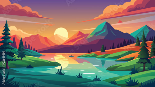 Serene lakeside landscape at golden hour with misty mountains and vibrant sky