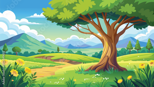 A serene landscape featuring a large tree in a vibrant, colorful forest setting.