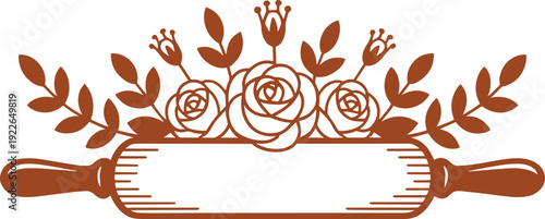 Brown rolling pin with roses and leaves baking cooking