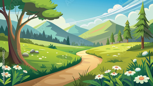 A serene path winding through a lush, vibrant forest landscape under a clear sky