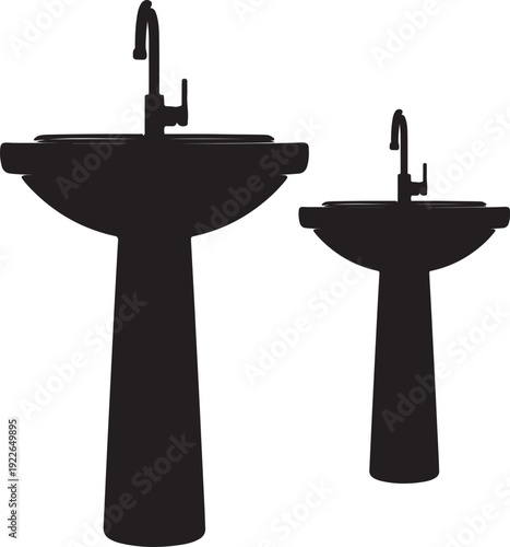 Two black silhouette pedestal sinks isolated on transparent background