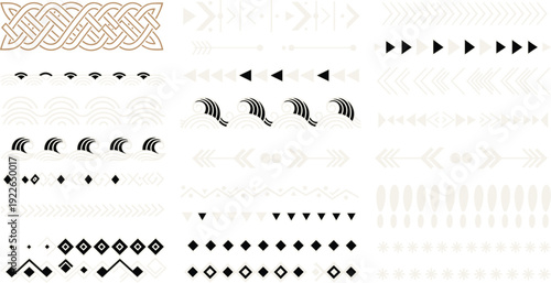 Collection of decorative borders isolated on white background featuring various designs such as celtic knots, arrows, waves, dots, triangles, and geometric shapes