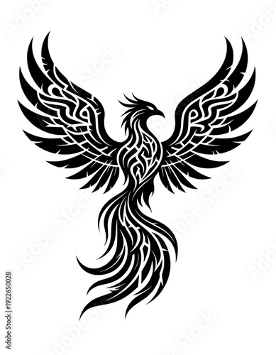 Phoenix tribal silhouette black line art with spread wings, mystical fire bird emblem symbolizing rebirth and power, isolated on dark background, bold vector design for tattoo, logo, branding