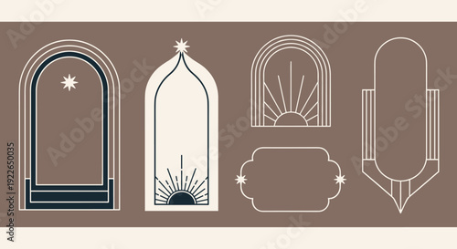 Elegant boho arch frame collection featuring sunburst and starburst designs, perfect for adding a touch of celestial charm to your creative projects and designs