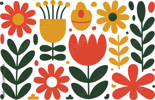 Seamless floral pattern with tulips and blooming flowers in a vintage spring garden design